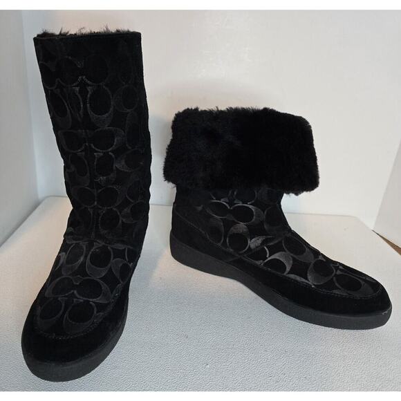 Women's “Teri” Suede Boots Signature Monogram Mid-Calf Lined Black Sz 7 B - Picture 1 of 13